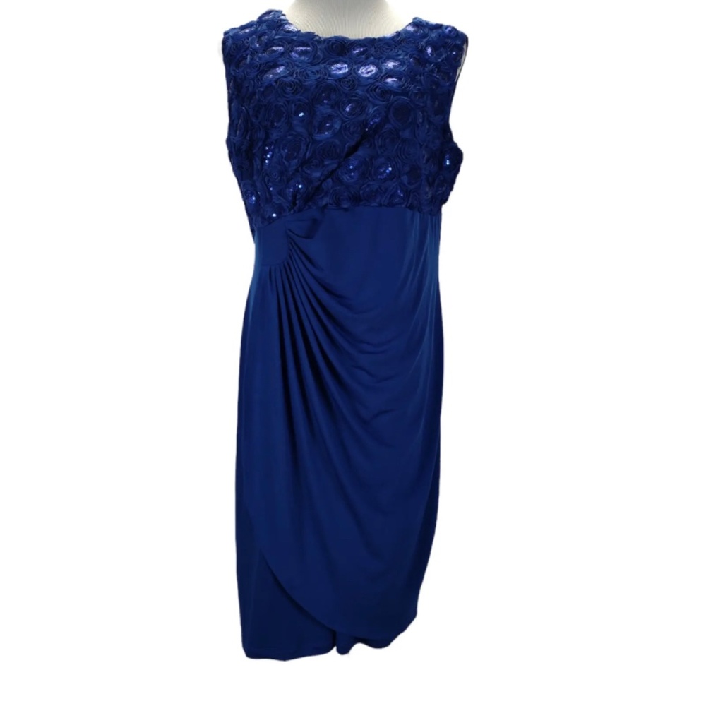 Enfocus Blue Sleeveless Stretch Midi Sheath Dress Size 16W Draped Party Cocktail